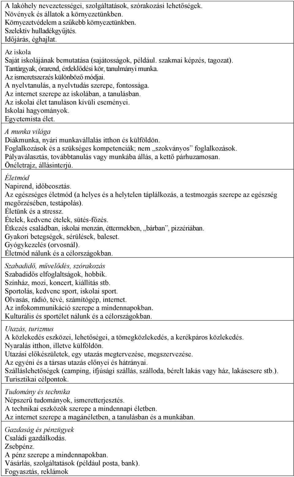 A nyelvtanulás, a nyelvtudás szerepe, fontossága. Az internet szerepe az iskolában, a tanulásban. Az iskolai élet tanuláson kívüli eseményei. Iskolai hagyományok. Egyetemista élet.