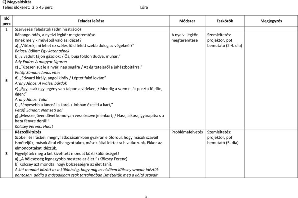 a) Vitézek, mi lehet ez széles föld felett szebb dolog az végeknél? Balassi Bálint: Egy katonaének b) Elvadult tájon gázolok: / Ős, buja földön dudva, muhar.