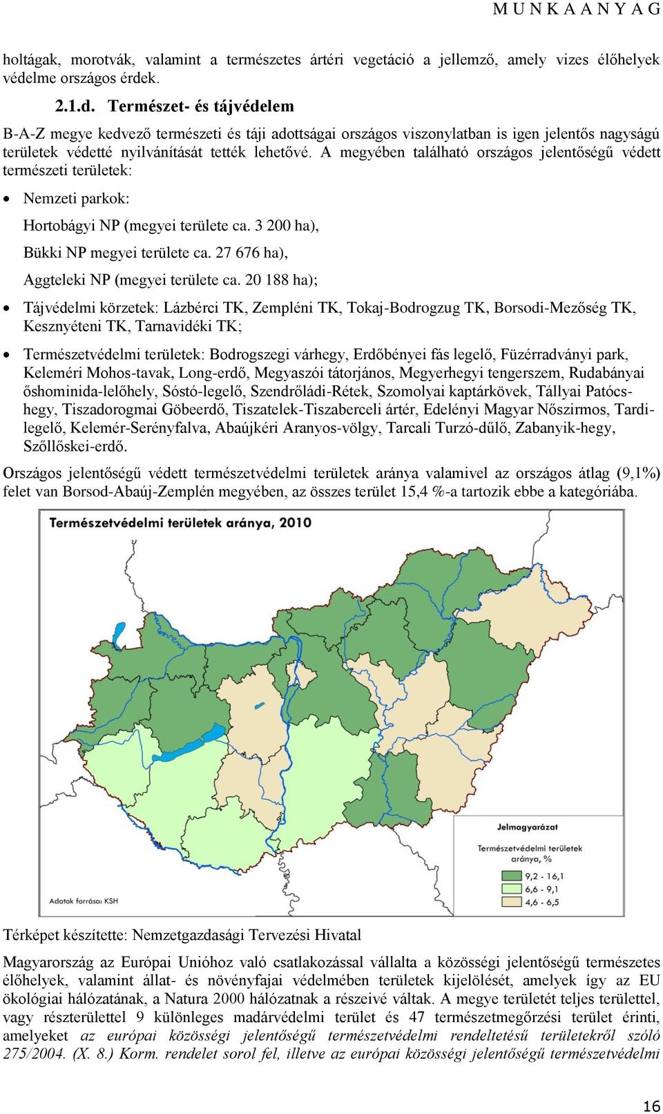 A megyében található országos jelentőségű védett természeti területek: Nemzeti parkok: Hortobágyi NP (megyei területe ca. 3 200 ha), Bükki NP megyei területe ca.