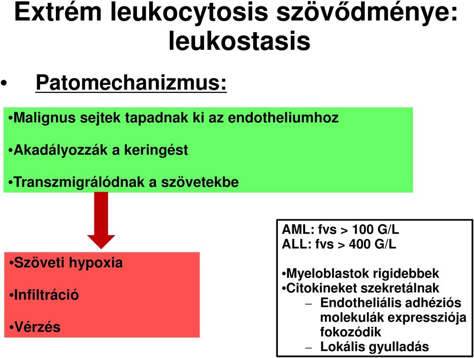 Infiltráció Vérzés AML: fvs > 100 G/L ALL: fvs > 400 G/L Myeloblastok rigidebbek