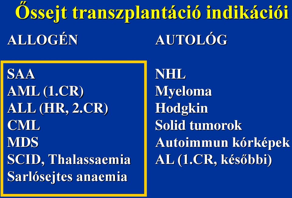 CR) CML MDS SCID, Thalassaemia Sarlósejtes