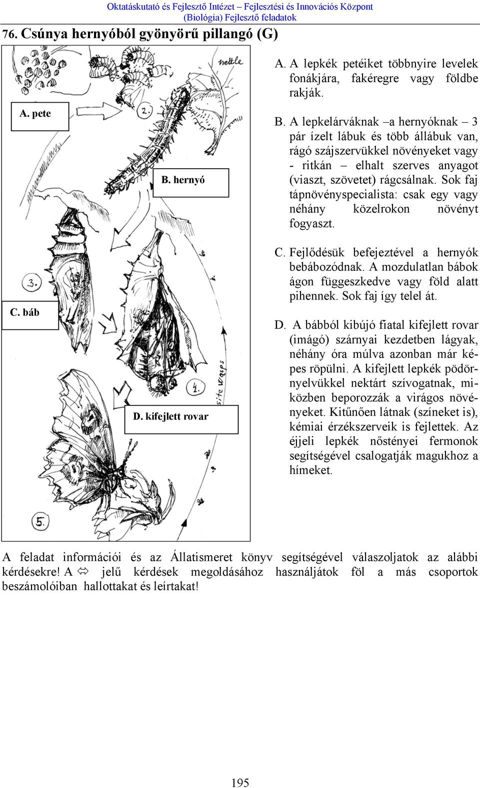 Sok faj tápnövényspecialista: csak egy vagy néhány közelrokon növényt fogyaszt. C. Fejlődésük befejeztével a hernyók bebábozódnak. A mozdulatlan bábok ágon függeszkedve vagy föld alatt pihennek.