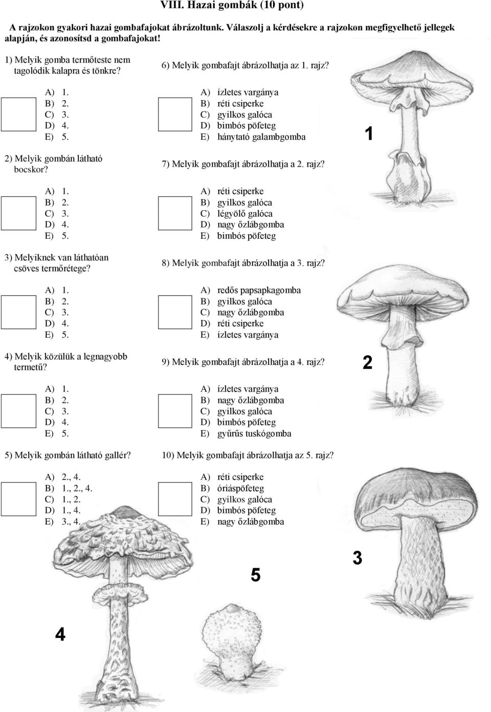 D) bimbós pöfeteg E) 5. E) hánytató galambgomba 2) Melyik gombán látható bocskor? 7) Melyik gombafajt ábrázolhatja a 2. rajz? 1 A) 1. A) réti csiperke B) 2. B) gyilkos galóca C) 3.