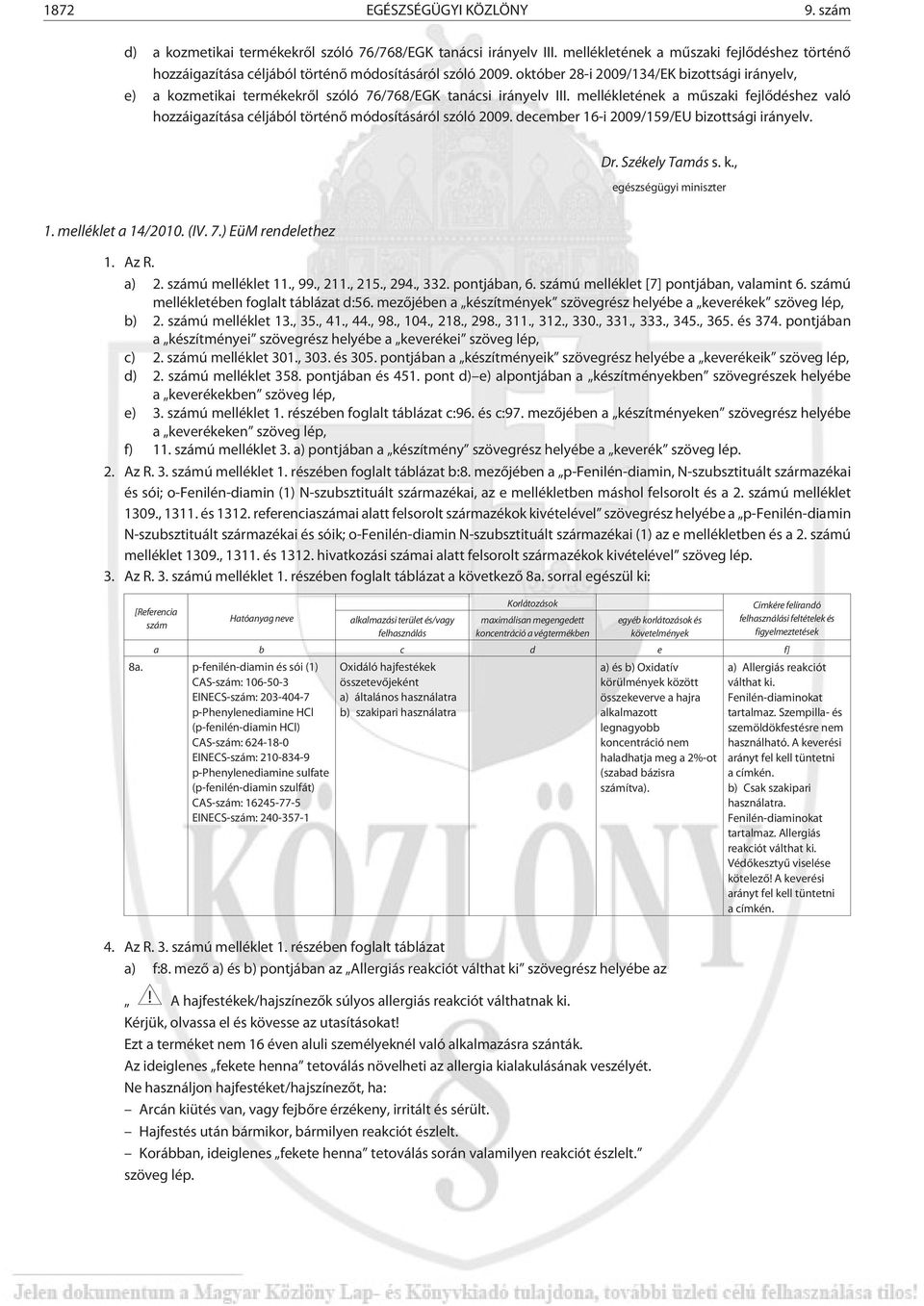 október 28-i 2009/134/EK bizottsági irányelv, e) a kozmetikai termékekrõl szóló 76/768/EGK tanácsi irányelv III.