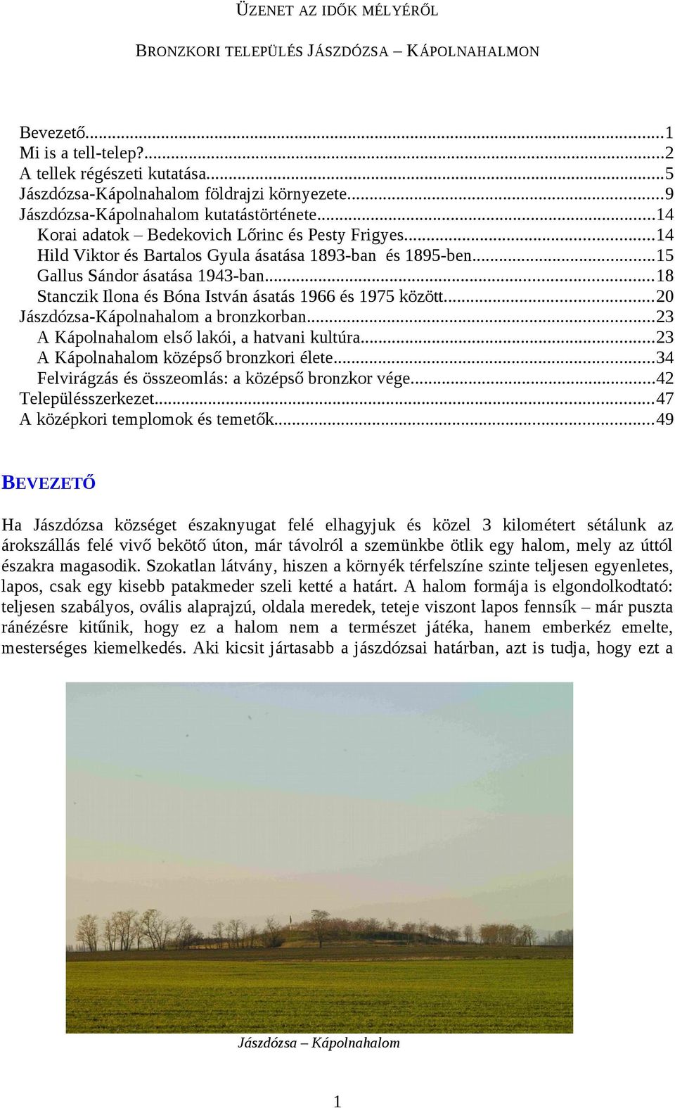 ..18 Stanczik Ilona és Bóna István ásatás 1966 és 1975 között...20 Jászdózsa-Kápolnahalom a bronzkorban...23 A Kápolnahalom első lakói, a hatvani kultúra...23 A Kápolnahalom középső bronzkori élete.