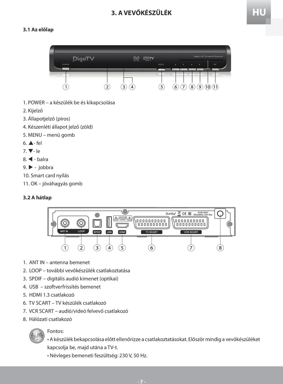 SPDIF digitális audió kimenet (optikai) 4. USB szoftverfrissítés bemenet 5. HDMI 1.3 csatlakozó 6. TV SCART TV készülék csatlakozó 7. VCR SCART audió/videó felvevő csatlakozó 8.