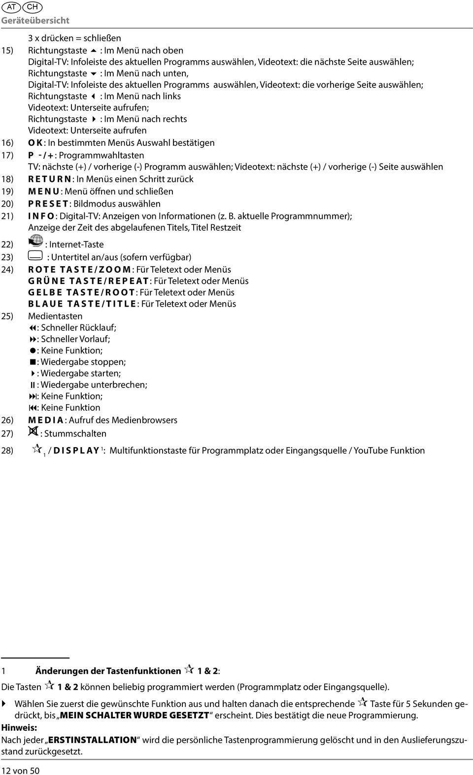 Richtungstaste : Im Menü nach rechts Videotext: Unterseite aufrufen 16) OK: In bestimmten Menüs Auswahl bestätigen 17) P -/+: Programmwahltasten TV: nächste (+) / vorherige (-) Programm auswählen;