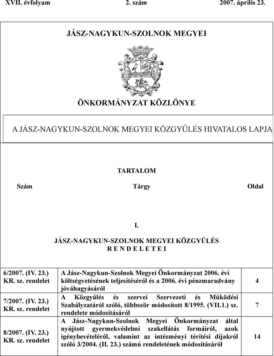 évi költségvetésének teljesítéséről és a 2006. évi pénzmaradvány jóváhagyásáról A Közgyűlés és szervei Szervezeti és Működési Szabályzatáról szóló, többször módosított 8/1995. (VII.1.) sz.