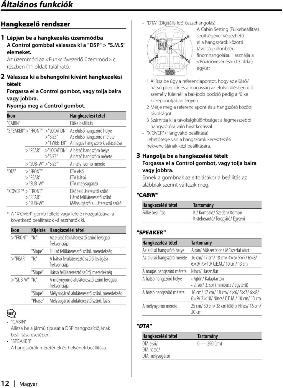 Ikon Hangkezelési tétel "CABIN" Fülke beállítás "SPEAKER">"FRONT" >"LOCATION" Az elülső hangszóró helye >"SIZE" Az elülső hangszóró mérete >"TWEETER" A magas hangszóró kiválasztása >"REAR"