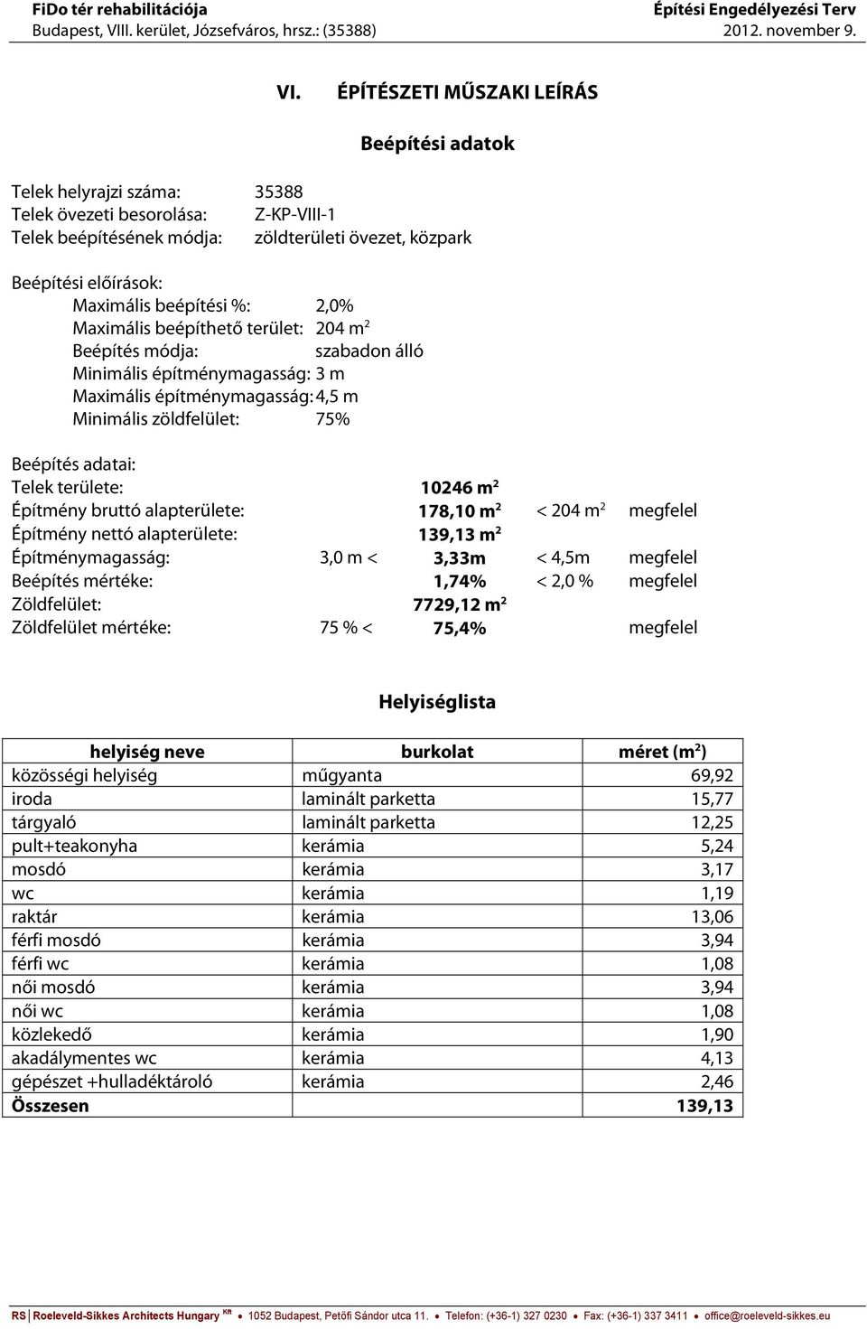 ÉPÍTÉSZETI MŰSZAKI LEÍRÁS Beépítési adatok Telek helyrajzi száma: 35388 Telek övezeti besorolása: Z-KP-VIII- Telek beépítésének módja: zöldterületi övezet, közpark Beépítési előírások: Maximális