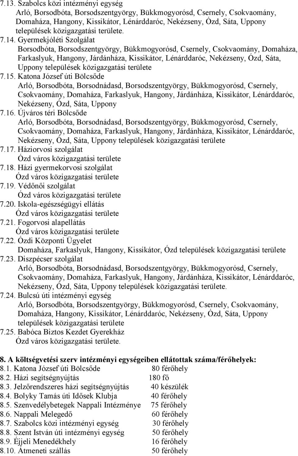 Gyermekjóléti Szolgálat Borsodbóta, Borsodszentgyörgy, Bükkmogyorósd, Csernely, Csokvaomány, Domaháza, Farkaslyuk, Hangony, Járdánháza, Kissikátor, Lénárddaróc, Nekézseny, Ózd, Sáta, Uppony