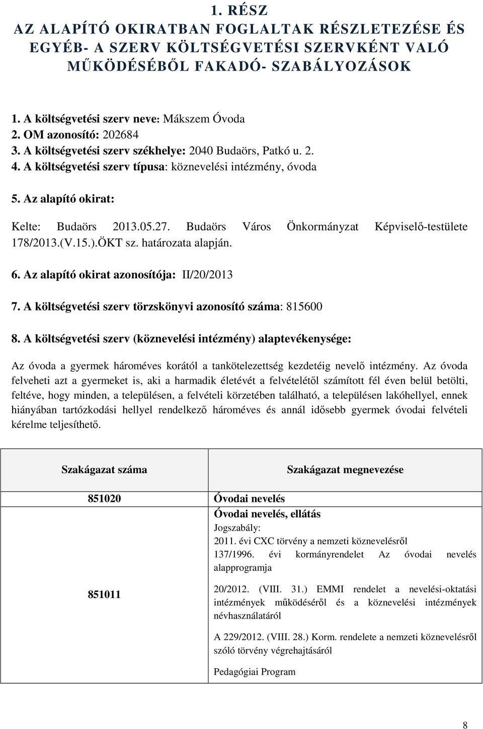 Budaörs Város Önkormányzat Képviselő-testülete 178/2013.(V.15.).ÖKT sz. határozata alapján. 6. Az alapító okirat azonosítója: II/20/2013 7. A költségvetési szerv törzskönyvi azonosító száma: 815600 8.