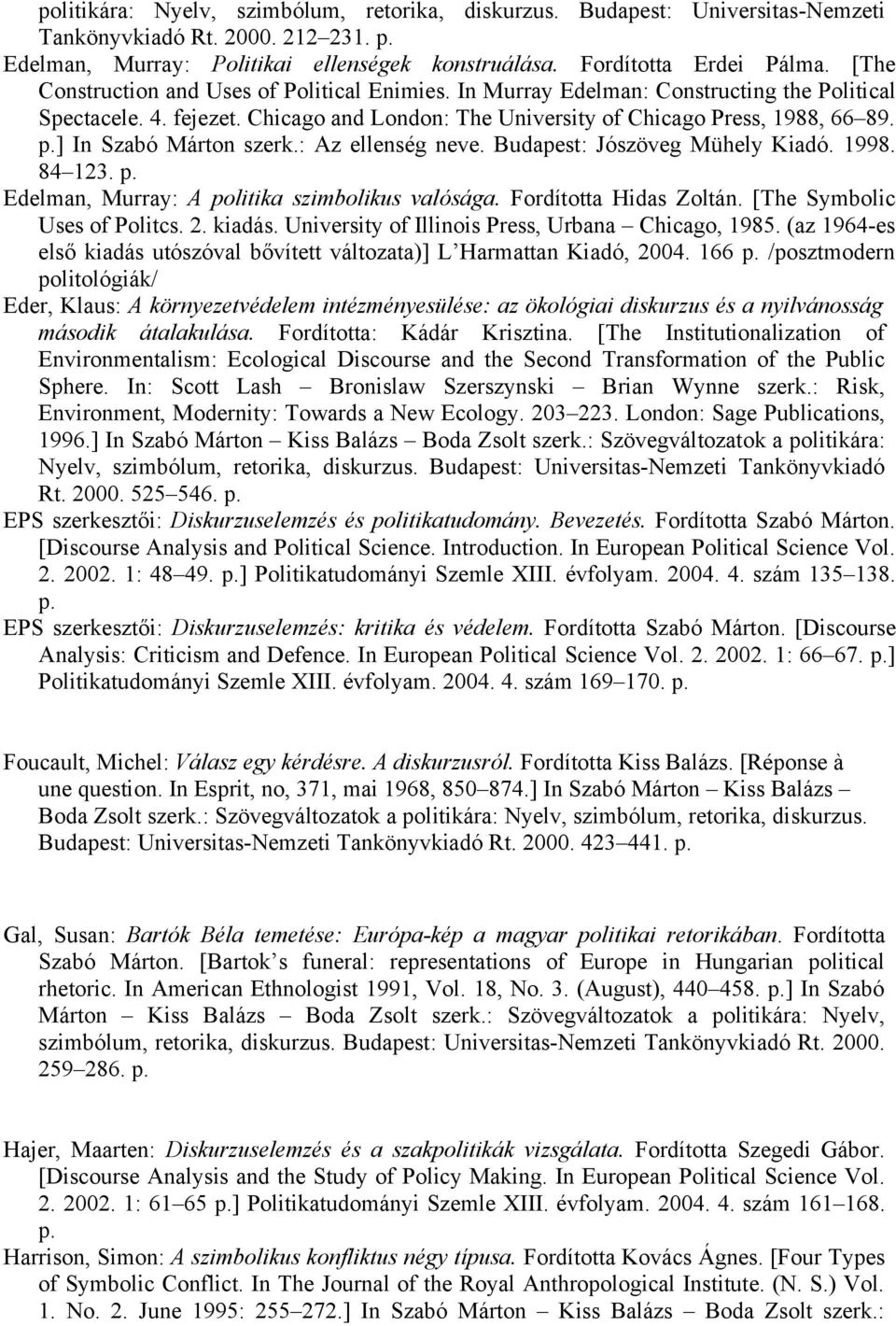 ] In Szabó Márton szerk.: Az ellenség neve. Budapest: Jószöveg Mühely Kiadó. 1998. 84 123. Edelman, Murray: A politika szimbolikus valósága. Fordította Hidas Zoltán. [The Symbolic Uses of Politcs. 2.