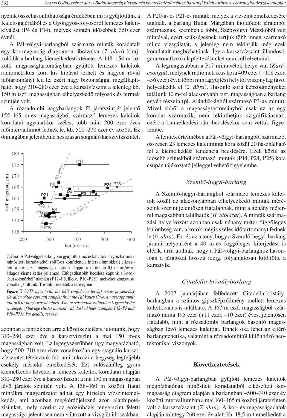 Gyöngyös-folyosóról lemezes kalcitkiválást (P4 és P14), melyek szintén idősebbek 350 ezer évnél. A Pál-völgyi-barlangból származó minták koradatait egy kor-magasság diagramon ábrázolva (7.