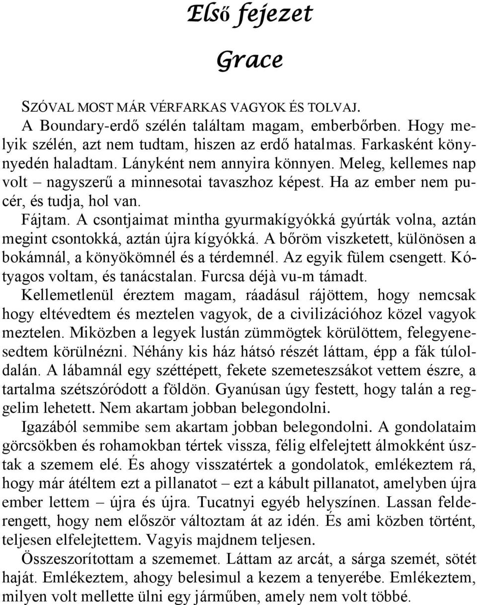 A csontjaimat mintha gyurmakígyókká gyúrták volna, aztán megint csontokká, aztán újra kígyókká. A bőröm viszketett, különösen a bokámnál, a könyökömnél és a térdemnél. Az egyik fülem csengett.