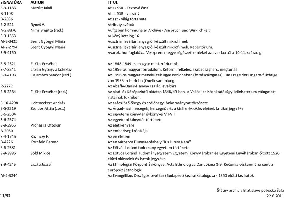 Ausztriai levéltári anyagról készült mikrofilmek. Repertórium. S-9-4150 Avarok, honfoglalók... Veszprém megye régészeti emlékei az avar kortól a 10-11. századig S-5-2321 F.