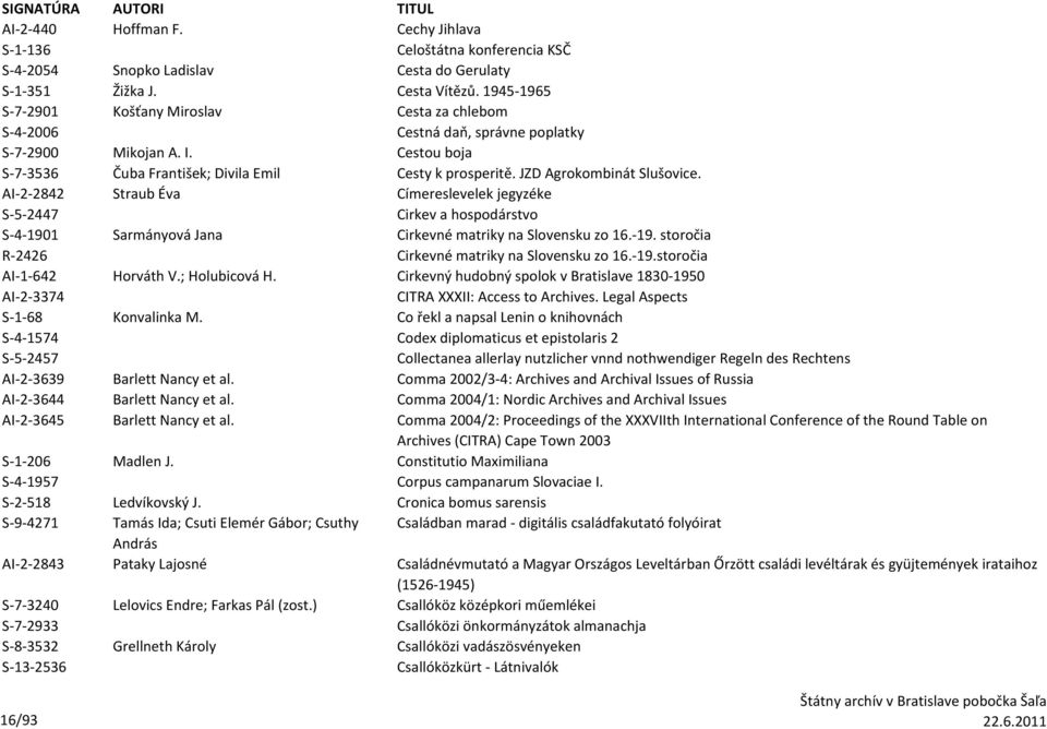 JZD Agrokombinát Slušovice. AI-2-2842 Straub Éva Címereslevelek jegyzéke S-5-2447 Cirkev a hospodárstvo S-4-1901 Sarmányová Jana Cirkevné matriky na Slovensku zo 16.-19. storočia R-2426 Cirkevné matriky na Slovensku zo 16.