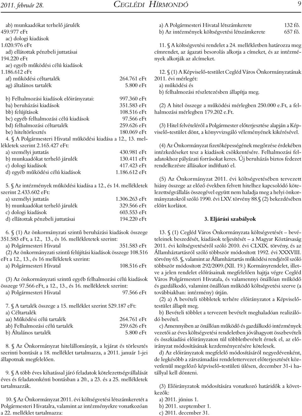 516 eft bc) egyéb felhalmozási célú kiadások 97.566 eft bd) felhalmozási céltartalék 259.626 eft be) hiteltörlesztés 180.069 eft 4. A Polgármesteri Hivatal működési kiadása a 12., 13.