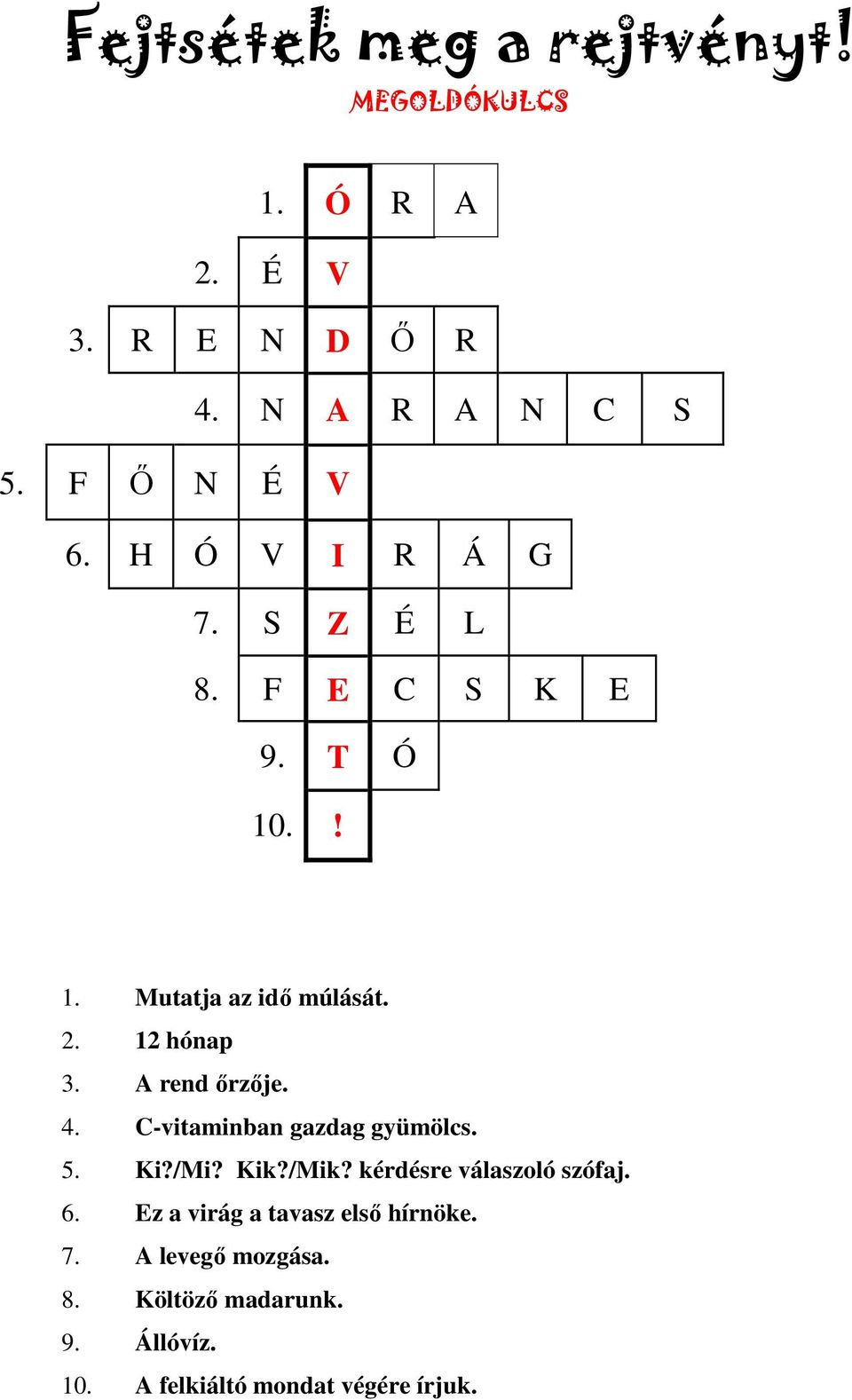 A rend őrzője. 4. C-vitaminban gazdag gyümölcs. 5. Ki?/Mi? Kik?/Mik? kérdésre válaszoló szófaj. 6.