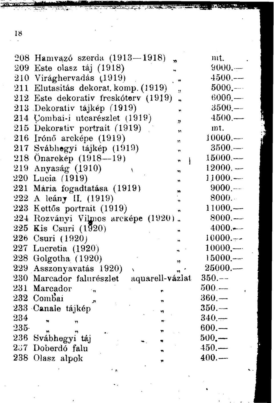 - 218 Önarckép (1918 19) i 15000.- 219 Anyaság (1910) \ 12000.- 220 Lucia (1919) 11000.- 221 Mária fogadtatása (1919) 9000.- 222 A leánj II. (1919) 8000. 223 Kettős portrait (1919) 11000.