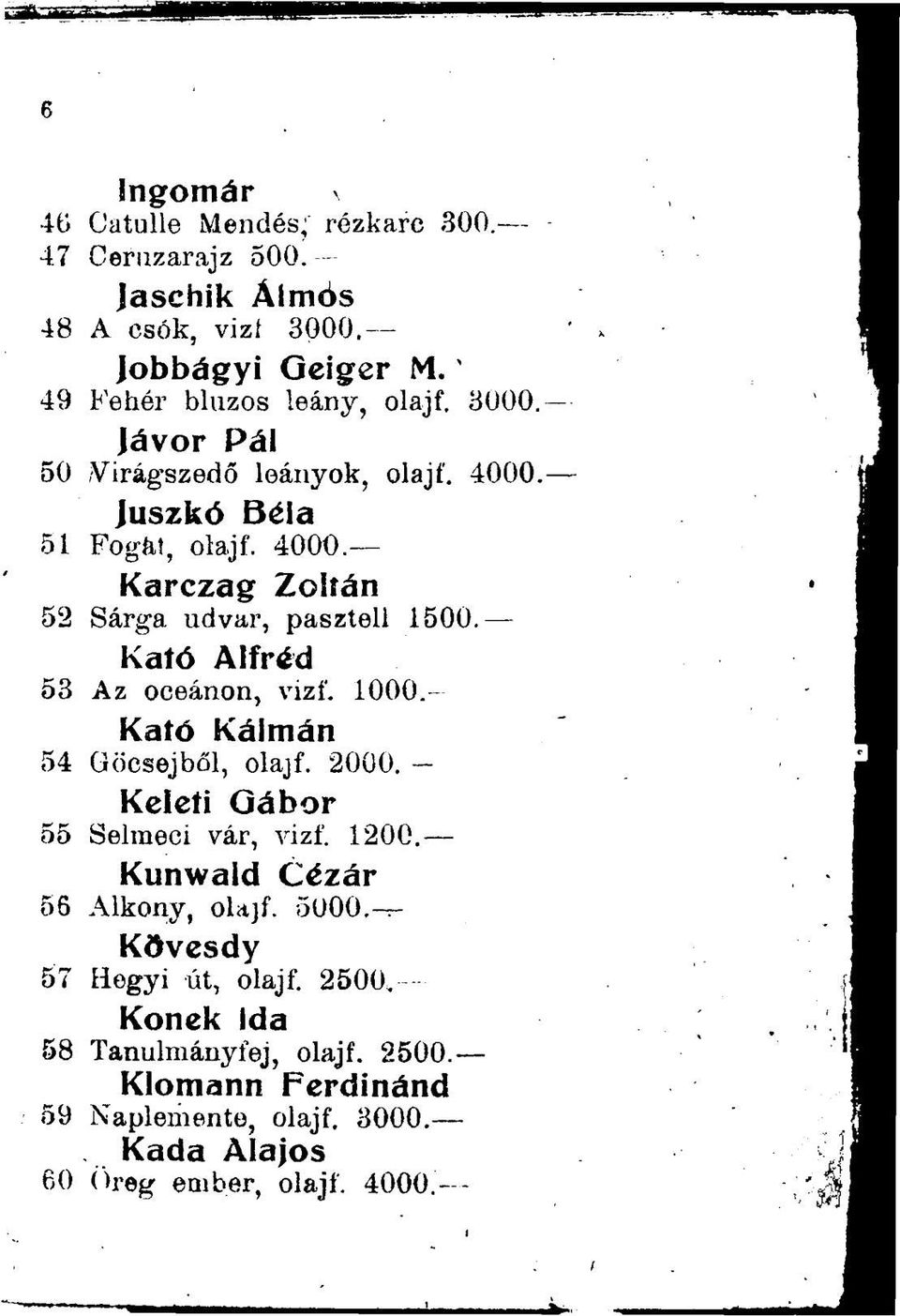 Kató Alfréd 53 Az oceánon, vizf. 1000. Kató Kálmán 54 Göcsejből, olajf. 2000. Keleti Oábor 55 Selraeci vár, vizf. 1200.