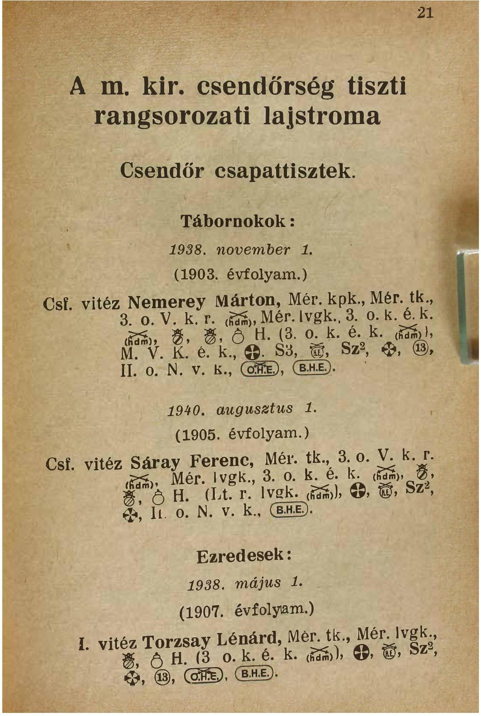 1940 augusztus 1 (1905 évfolyam 3 o V k r Csf vitéz S áray Ferenc Mér tk ( ' C ' Mér J v g k 3 o k é k SZ2 @» k v ( l g r t (L H Ó $