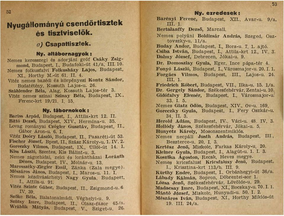 Budapest IX Ferenc-krt 19/21 I 15 Ny tábornokok : Bariss Arpád Budapest L Attila-krt 12 II Bittó Dezső Budapest XIV Hermina-u 35 Lovag rományai Czógler Gusztáv Budapest II Gábor Aron-u 6 r Vitéz