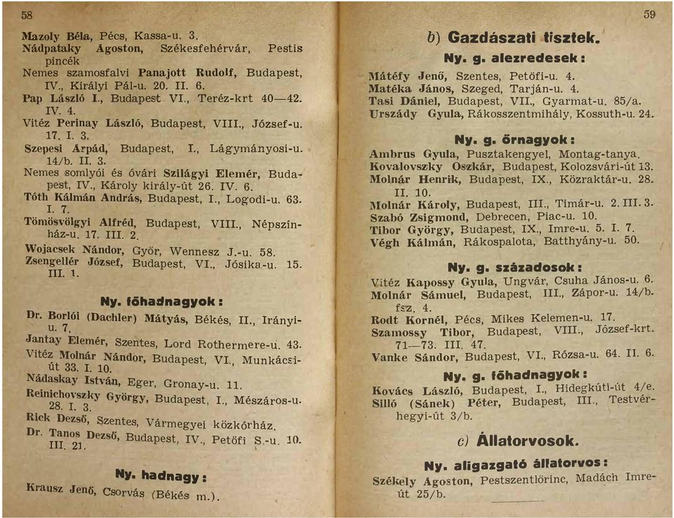 pest IV Károly király-út 26 IV 6 Tóth Kálmán András Budapest I Logodi-u 63 l 7 Tömösvötgyi Alfréd Budapest VIII Népszínház-u 17 III 2 WOiacsek Nándor Gy1ör Wennesz J-u 58 Zsengellér József Budapest