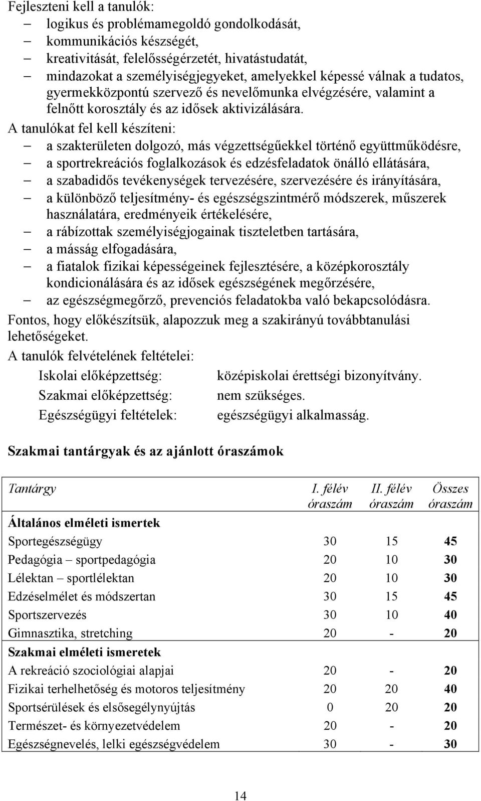 A tanulókat fel kell készíteni: a szakterületen dolgozó, más végzettségűekkel történő együttműködésre, a sportrekreációs foglalkozások és edzésfeladatok önálló ellátására, a szabadidős tevékenységek