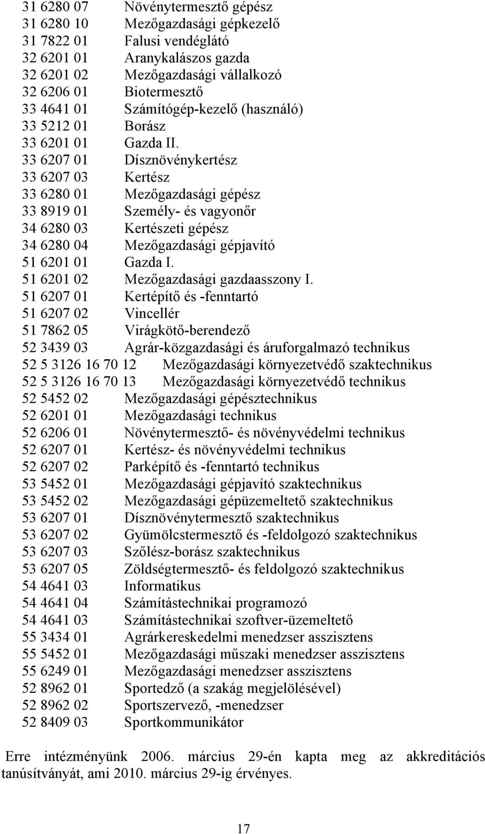 33 6207 01 Dísznövénykertész 33 6207 03 Kertész 33 6280 01 Mezőgazdasági gépész 33 8919 01 Személy- és vagyonőr 34 6280 03 Kertészeti gépész 34 6280 04 Mezőgazdasági gépjavító 51 6201 01 Gazda I.