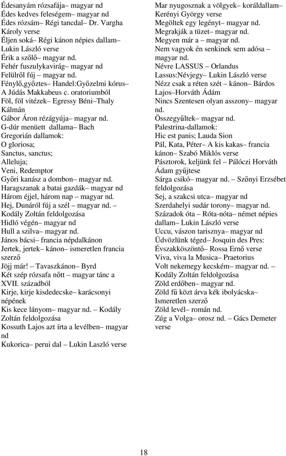 G-dúr menüett dallama Bach Gregorián dallamok: O gloriosa; Sanctus, sanctus; Alleluja; Veni, Redemptor Győri kanász a dombon magyar nd.