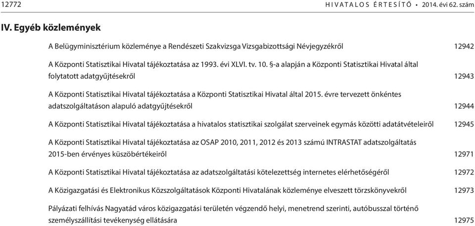 -a alapján a Központi Statisztikai Hivatal által folytatott adatgyűjtésekről 12943 A Központi Statisztikai Hivatal tájékoztatása a Központi Statisztikai Hivatal által 2015.