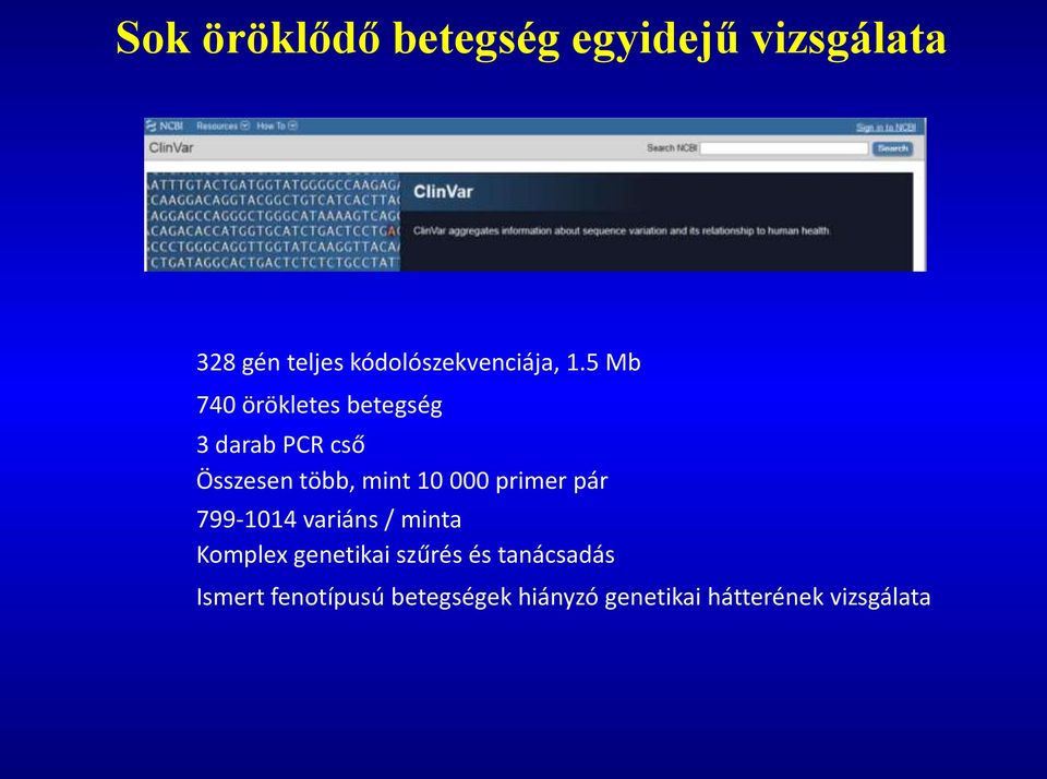 5 Mb 740 örökletes betegség 3 darab PCR cső Összesen több, mint 10 000