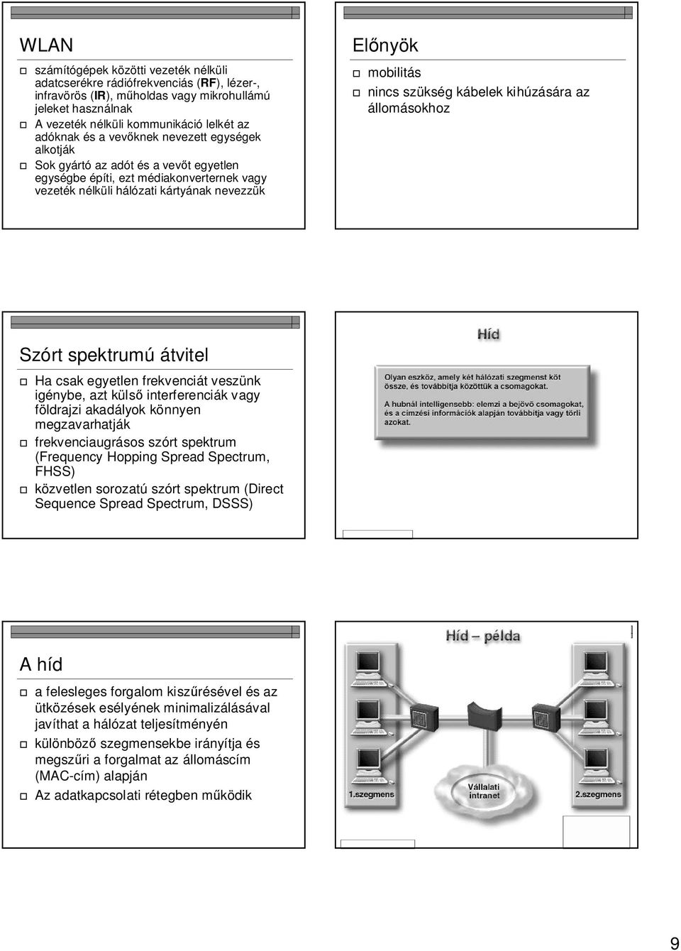 kábelek kihúzására az állomásokhoz Szórt spektrumú átvitel Ha csak egyetlen frekvenciát veszünk igénybe, azt küls interferenciák vagy földrajzi akadályok könnyen megzavarhatják frekvenciaugrásos