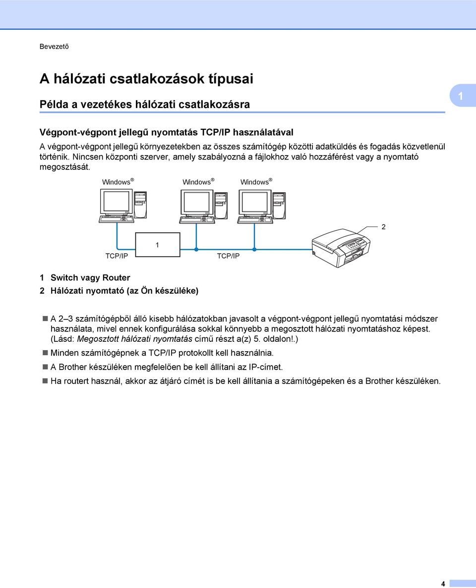 Windows Windows Windows 2 TCP/IP 1 TCP/IP 1 Switch vagy Router 2 Hálózati nyomtató (az Ön készüléke) A 2 3 számítógépből álló kisebb hálózatokban javasolt a végpont-végpont jellegű nyomtatási módszer