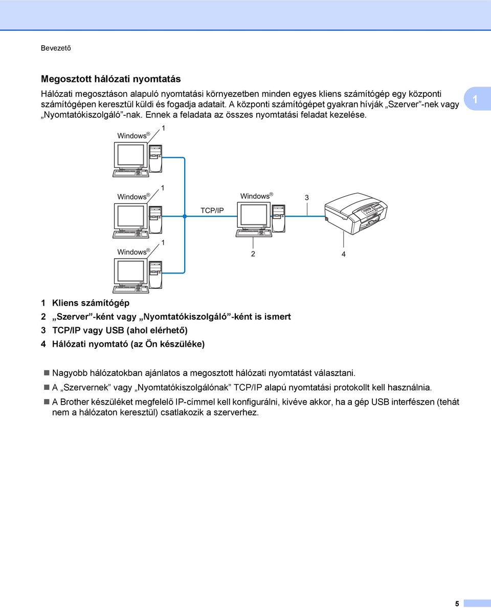 1 1 Kliens számítógép 2 Szerver -ként vagy Nyomtatókiszolgáló -ként is ismert 3 TCP/IP vagy USB (ahol elérhető) 4 Hálózati nyomtató (az Ön készüléke) Nagyobb hálózatokban ajánlatos a megosztott