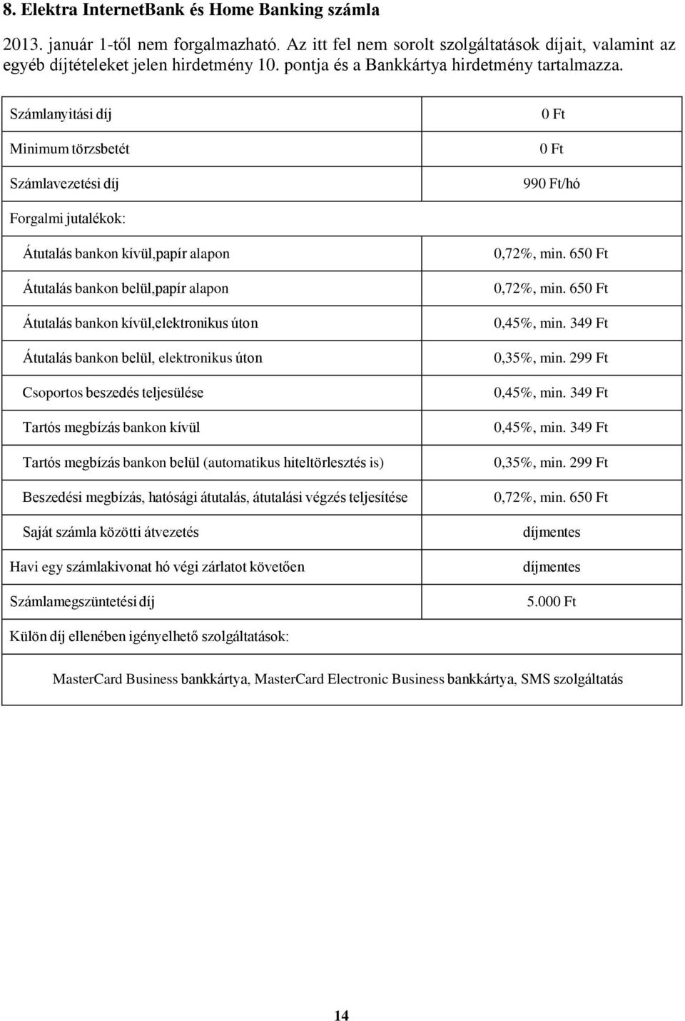 Számlanyitási díj Minimum törzsbetét Számlavezetési díj 0 Ft 0 Ft 990 Ft/hó Forgalmi jutalékok: Átutalás bankon kívül,papír alapon Átutalás bankon belül,papír alapon Átutalás bankon