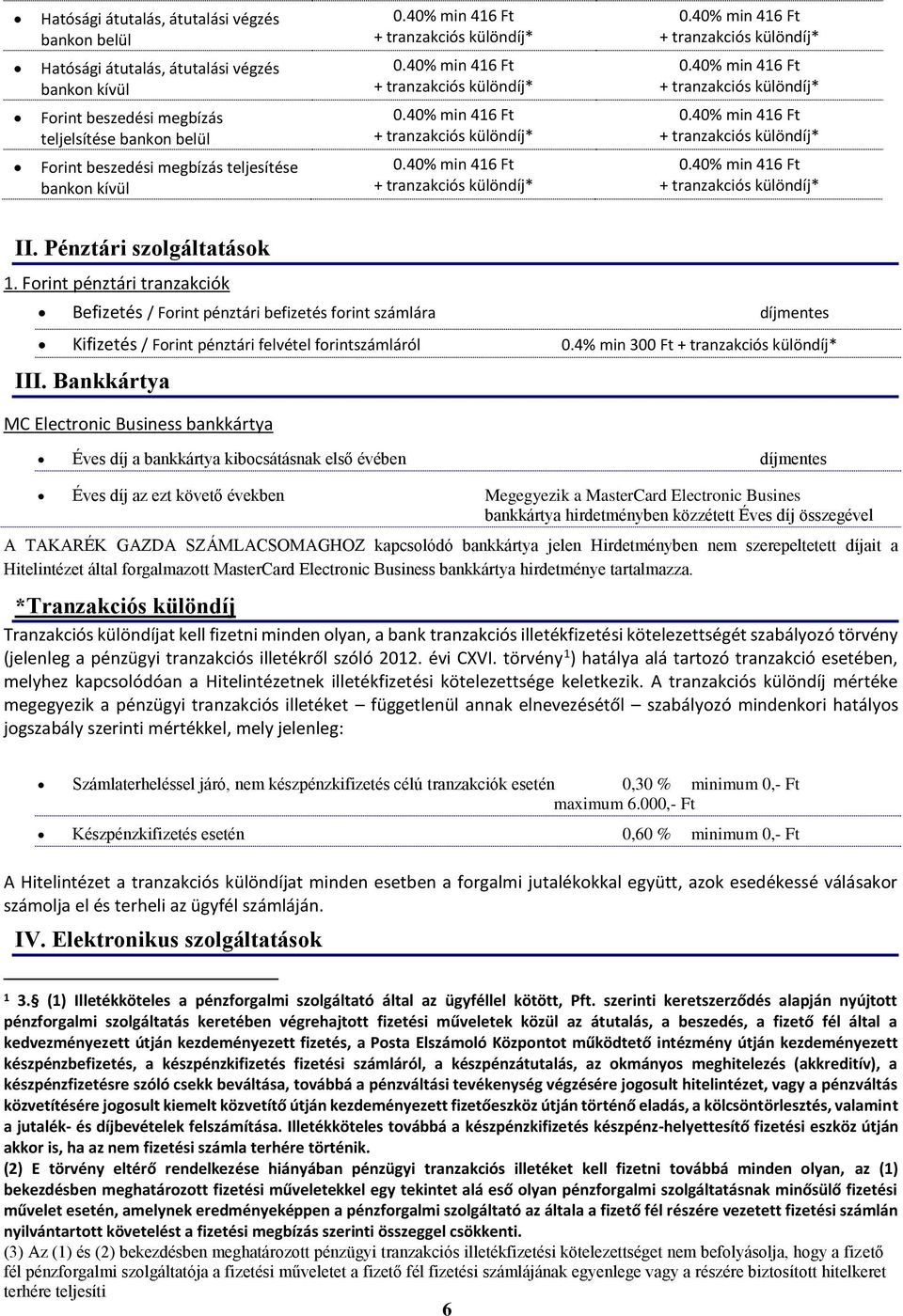 Pénztári szolgáltatások 1. Forint pénztári tranzakciók Befizetés / Forint pénztári befizetés forint számlára díjmentes Kifizetés / Forint pénztári felvétel forintszámláról 0.