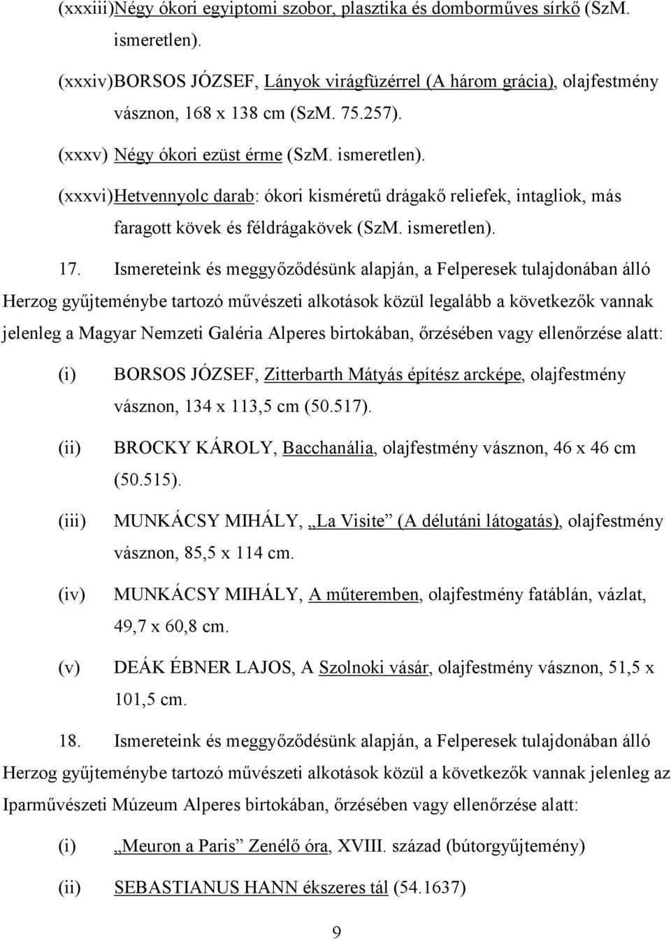 Ismereteink és meggyőződésünk alapján, a Felperesek tulajdonában álló Herzog gyűjteménybe tartozó művészeti alkotások közül legalább a következők vannak jelenleg a Magyar Nemzeti Galéria Alperes