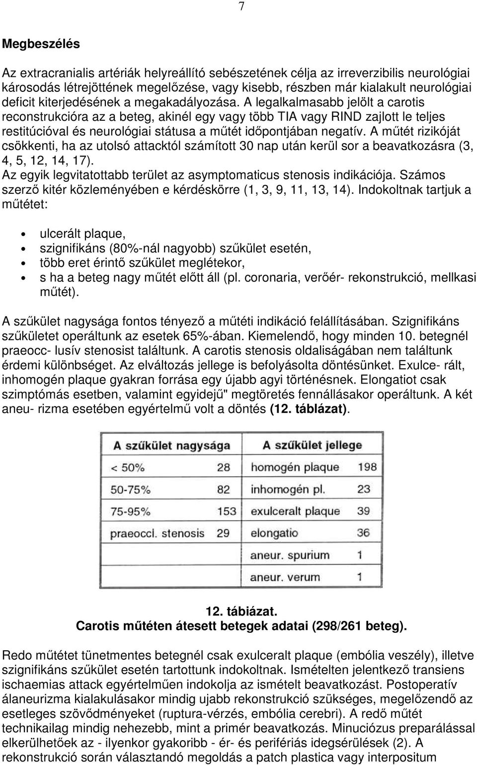 A legalkalmasabb jelölt a carotis reconstrukcióra az a beteg, akinél egy vagy több TIA vagy RIND zajlott le teljes restitúcióval és neurológiai státusa a mőtét idıpontjában negatív.