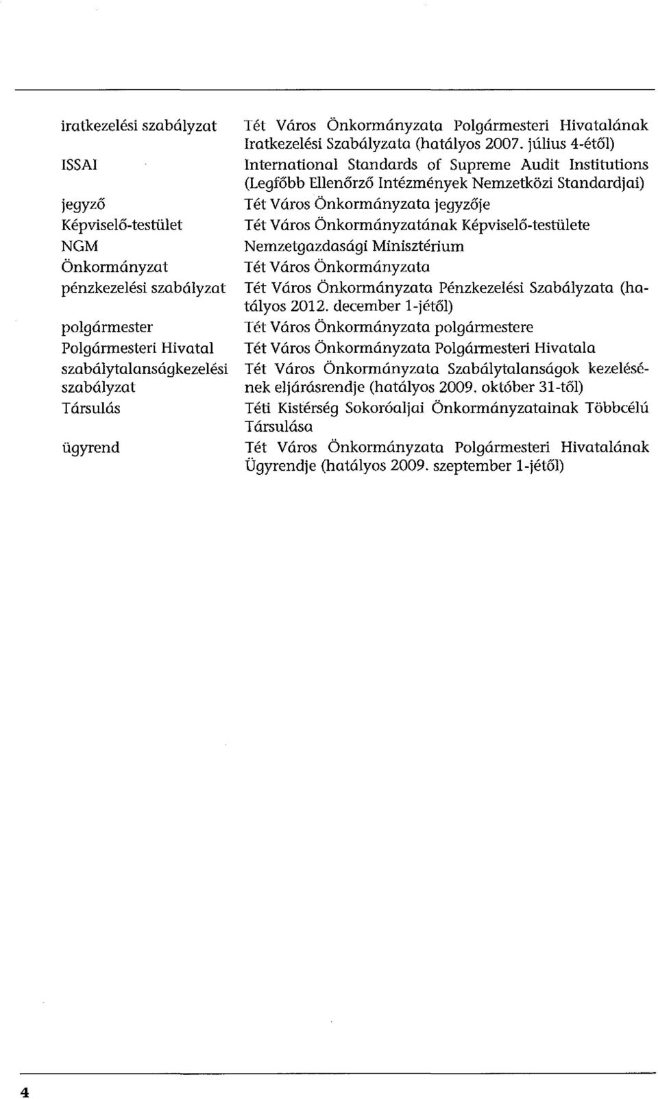 július 4-étől) International Standards of Supreme Audit Institutions (Legfőbb Ellenőrző Intézmények Nemzetközi Standardjai) Tét Város Önkormányzata jegyzője Tét Város Önkormányzatának