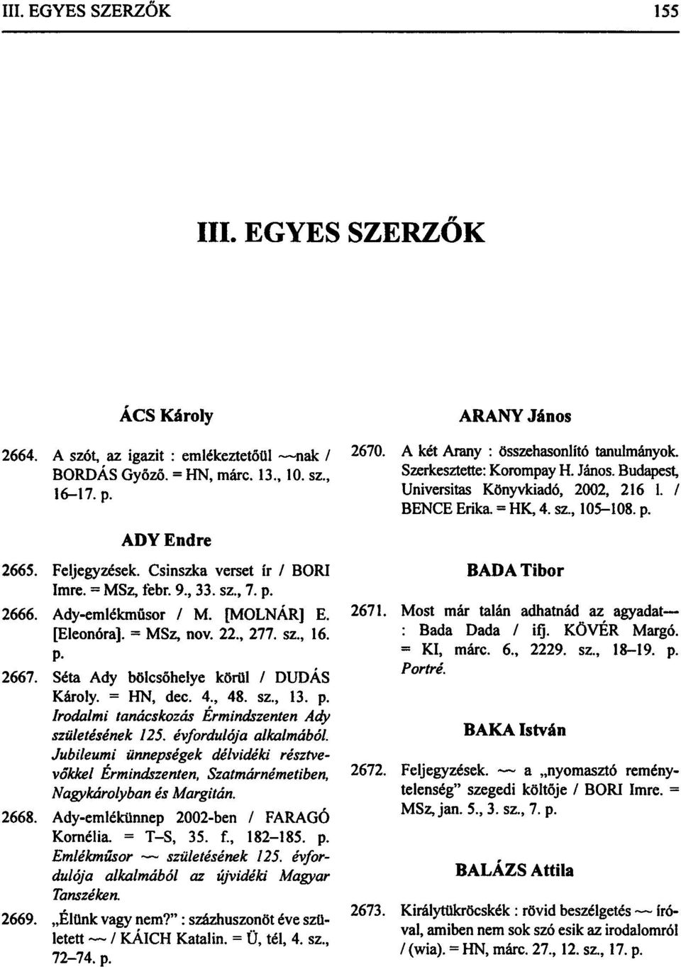 , 33. sz., 7. p. 2666. Ady-emlékműsor / M. [MOLNÁR] E. [Eleonóra]. = MSz, nov. 22., 277. sz., 16. P- 2667. Séta Ady bölcsőhelye körül / DUDÁS Károly. = HN, dec. 4., 48. sz., 13. p. Irodalmi tanácskozás Érmindszenten Ady születésének 125.