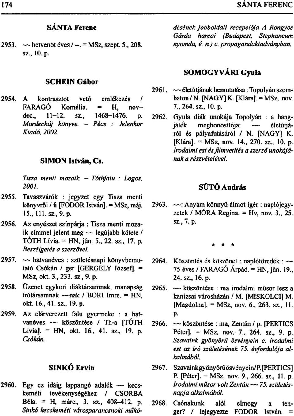 SIMON István, Cs. SOMOGYVÁRI Gyula 2961. életútjának bemutatása: Topolyán szombaton / N. [NAGY] K. [Klára]. = MSz, nov. 7., 264. sz., 10. p. 2962.