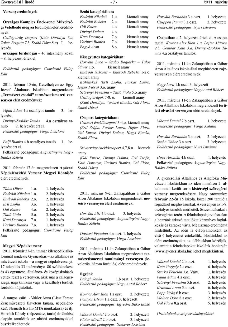 február 15-én, Keszthelyen az Egry József Általános Iskolában megrendezett Természet csodái természetismereti versenyen elért eredmények: Vajda Ádám 4.a osztályos tanuló 3.