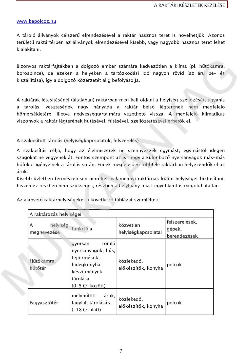 hűtőkamra, borospince), de ezeken a helyeken a tartózkodási idő nagyon rövid (az áru be- és kiszállítása), így a dolgozó közérzetét alig befolyásolja.