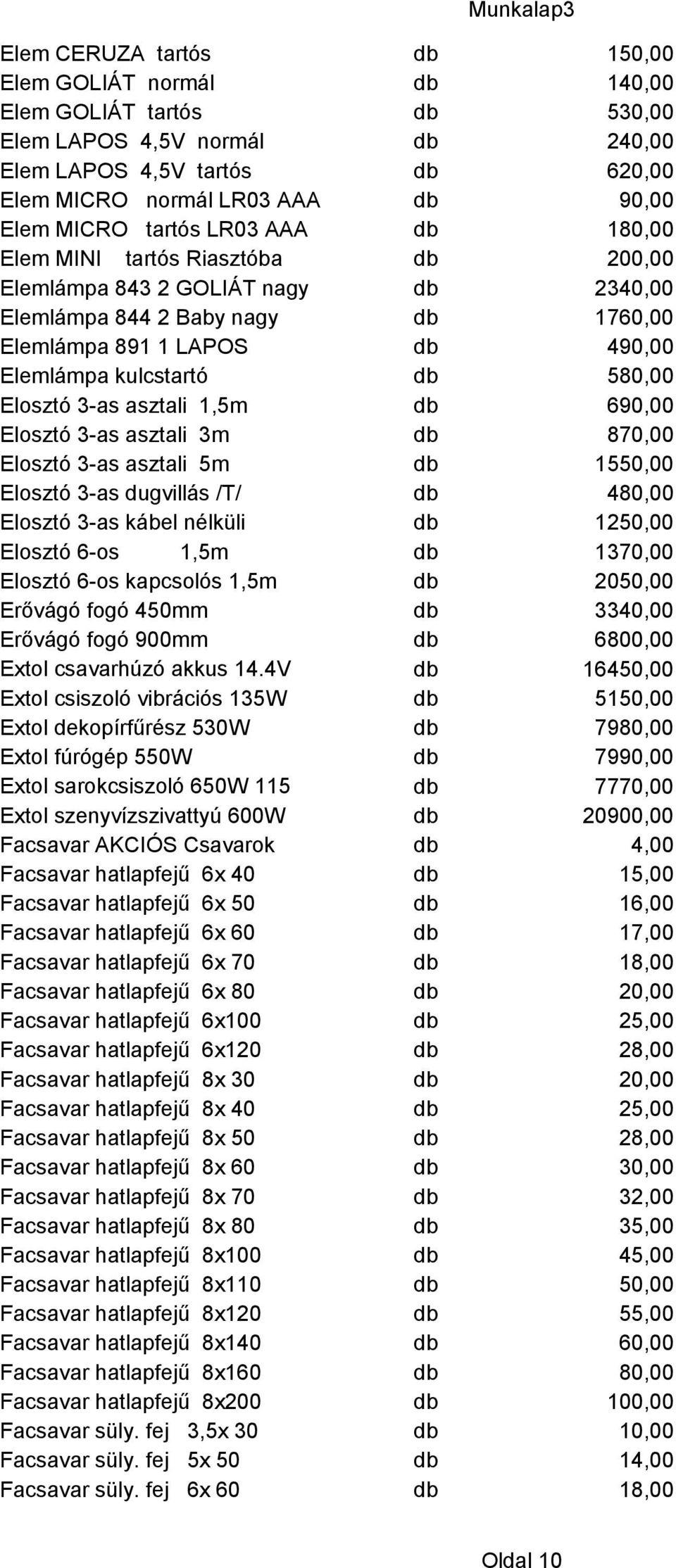 580,00 Elosztó 3-as asztali 1,5m db 690,00 Elosztó 3-as asztali 3m db 870,00 Elosztó 3-as asztali 5m db 1550,00 Elosztó 3-as dugvillás /T/ db 480,00 Elosztó 3-as kábel nélküli db 1250,00 Elosztó 6-os