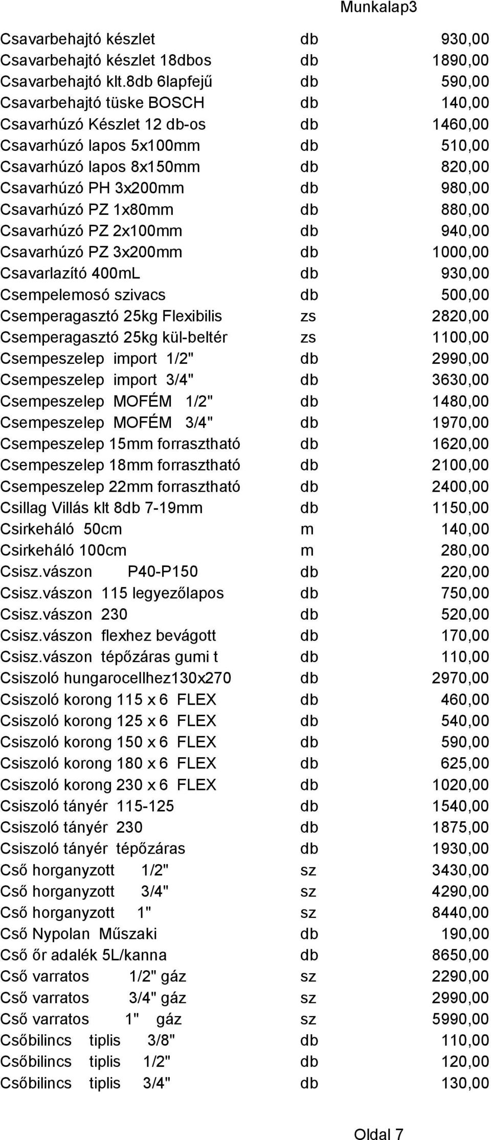 Csavarhúzó PZ 1x80mm db 880,00 Csavarhúzó PZ 2x100mm db 940,00 Csavarhúzó PZ 3x200mm db 1000,00 Csavarlazító 400mL db 930,00 Csempelemosó szivacs db 500,00 Csemperagasztó 25kg Flexibilis zs 2820,00