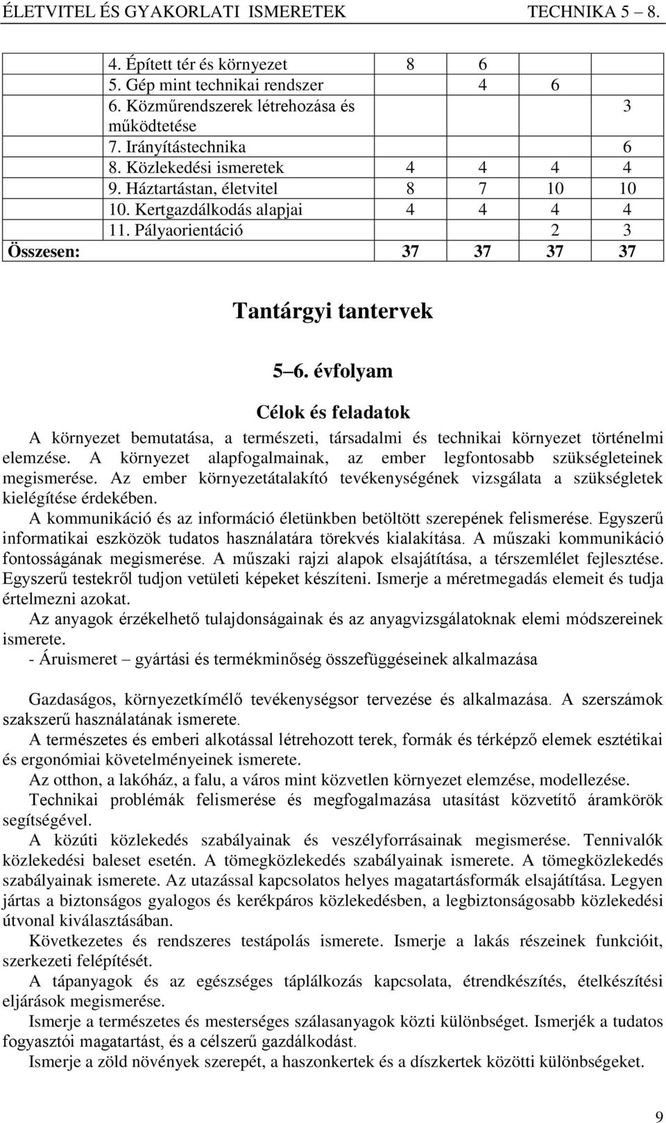 évfolyam Célok és feladatok A környezet bemutatása, a természeti, társadalmi és technikai környezet történelmi elemzése. A környezet alapfogalmainak, az ember legfontosabb szükségleteinek megismerése.