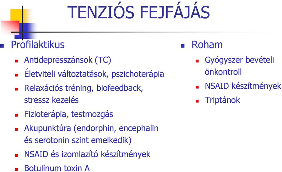 bevételi önkontroll NSAID készítmények Triptánok Fizioterápia, testmozgás Akupunktúra