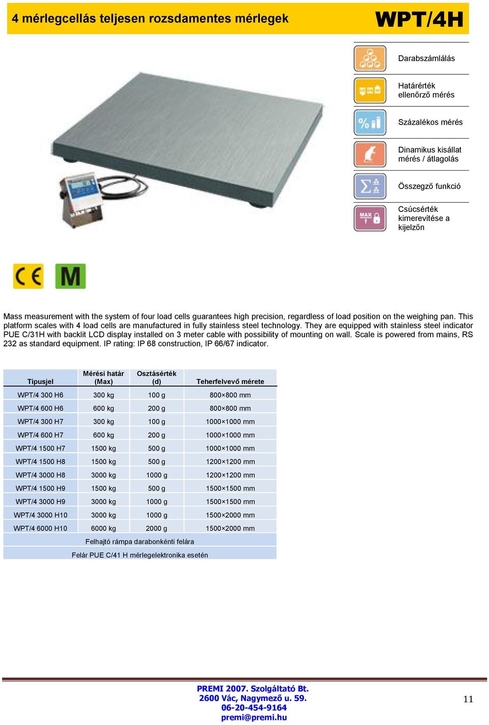 They are equipped with stainless steel indicator PUE C/31H with backlit LCD display installed on 3 meter cable with possibility of mounting on wall.